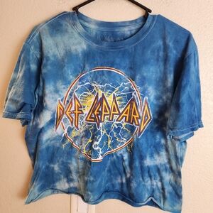 Def Leppard Rock Band Tie Dye Blue Cropped Tee Shirt Music Festival Punk Top
